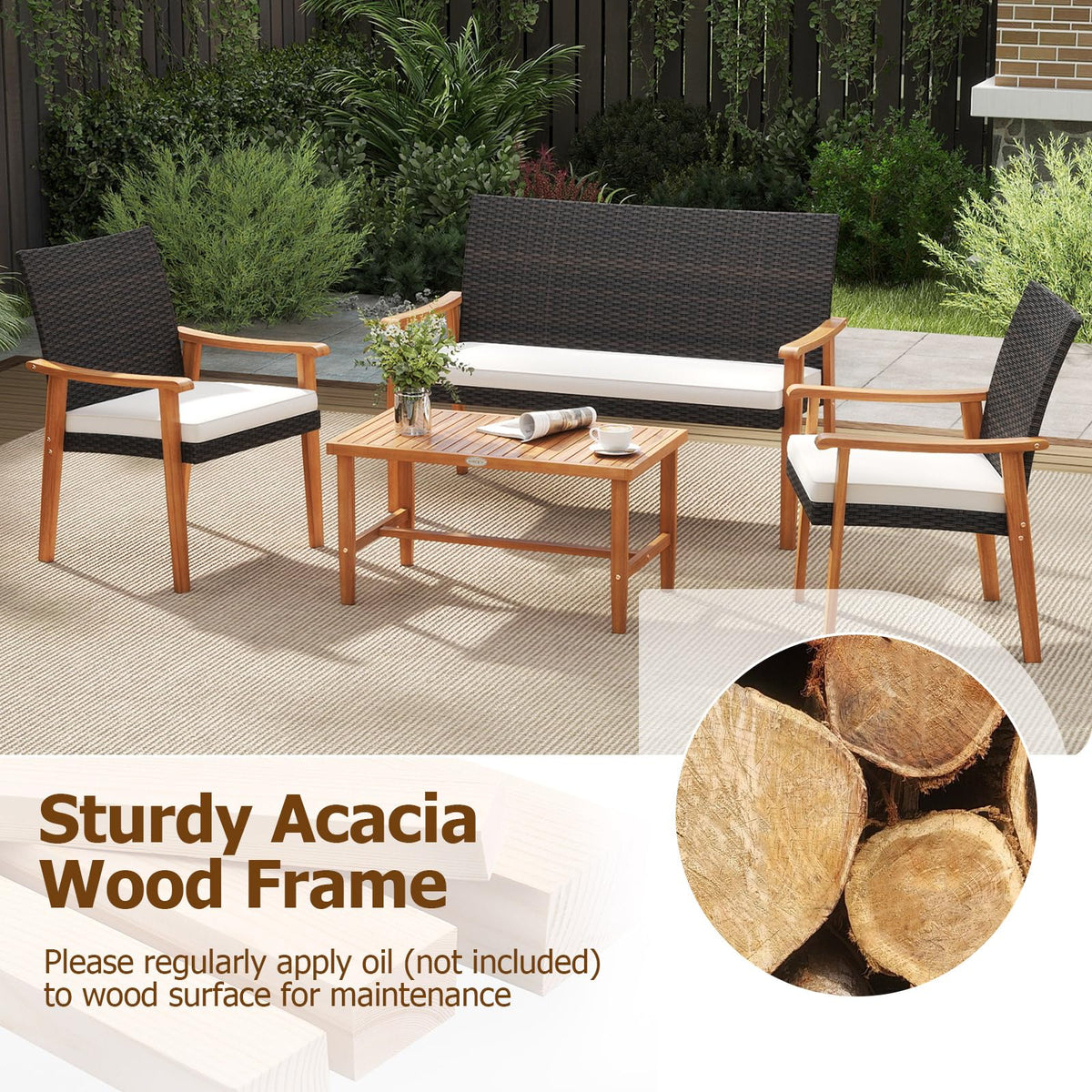 Tangkula PE Rattan Outdoor Cushioned Conversation Chairs with Acacia Wood Coffee Table - Product image 4