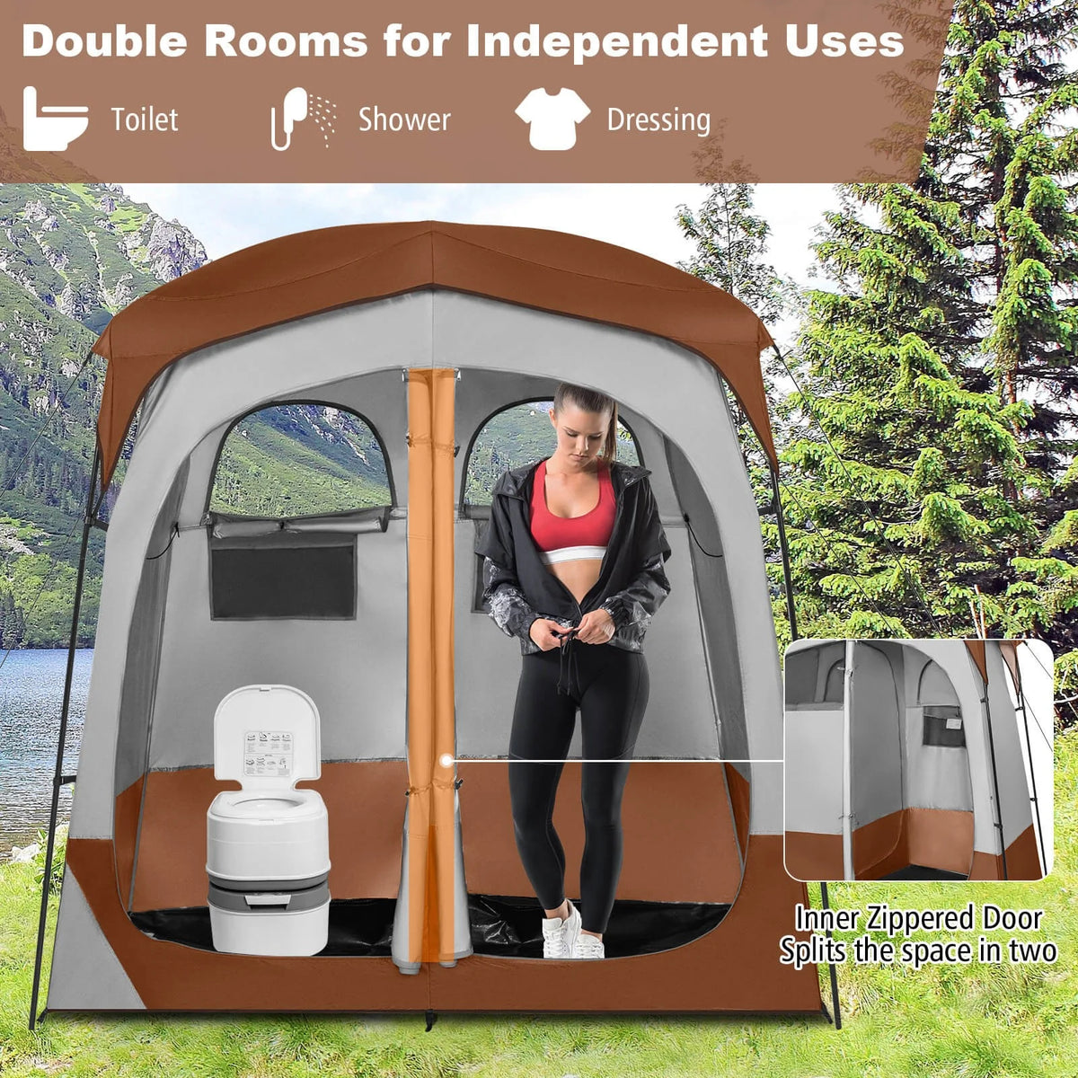 Favory Double - Room Shower Tent, Oversize Space Privacy Shelter for Camping with Floor, Portable Camping Changing Tent with Removable Rain Fly, Storage Bag for Dressing, Toilet, Brown