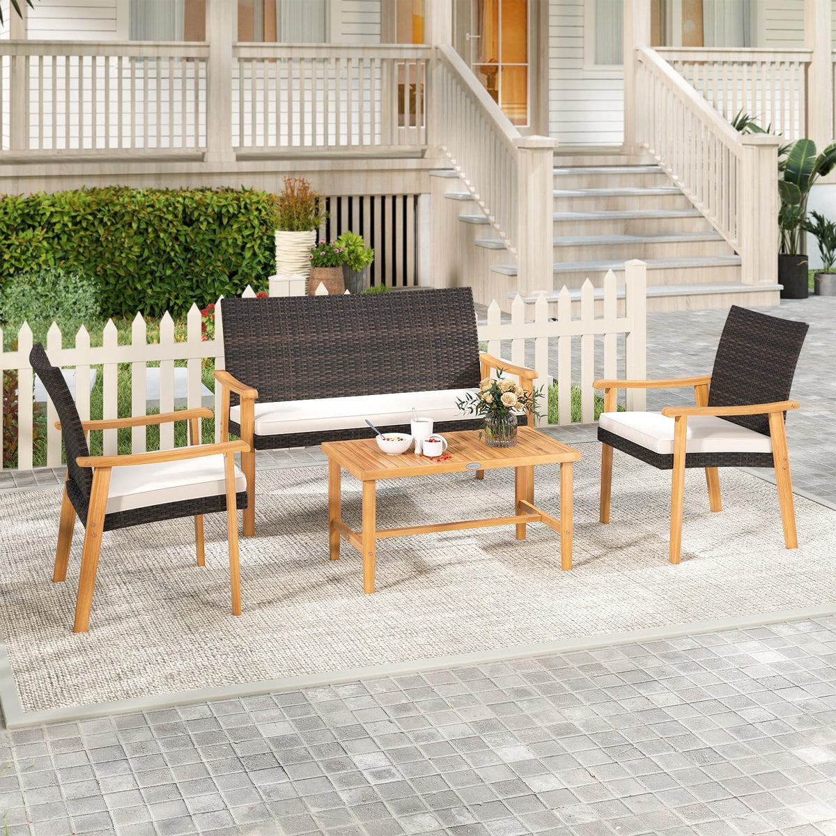 Tangkula PE Rattan Outdoor Cushioned Conversation Chairs with Acacia Wood Coffee Table - Product image 2