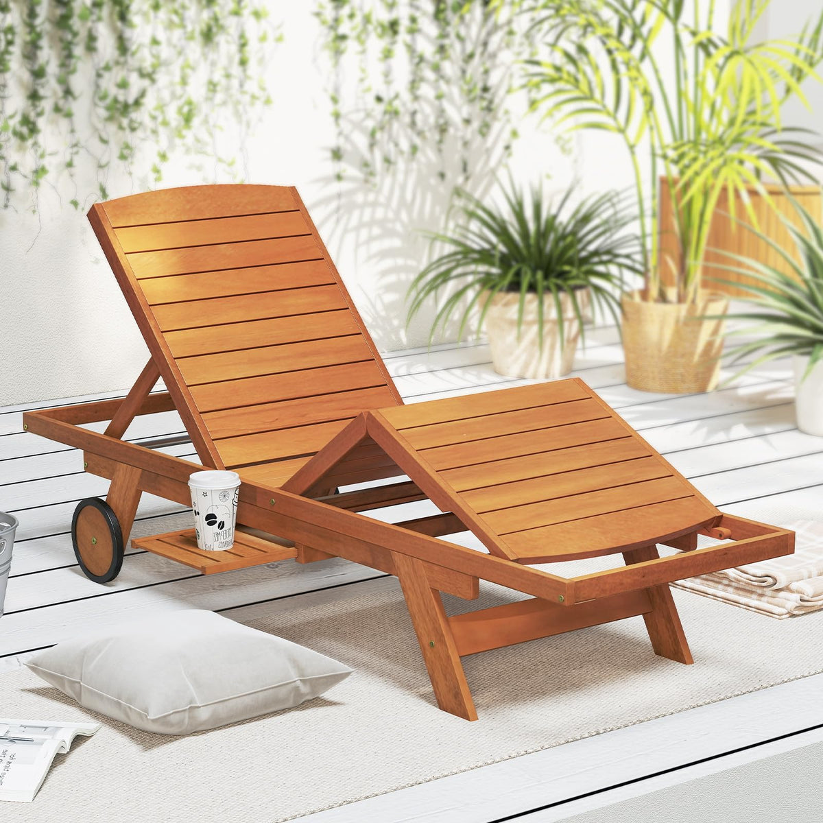 Tangkula Outdoor Chaise Lounge Chair with Wheels 4-Position Patio Wood Recliner with Adjustable Backrest - Product image 2