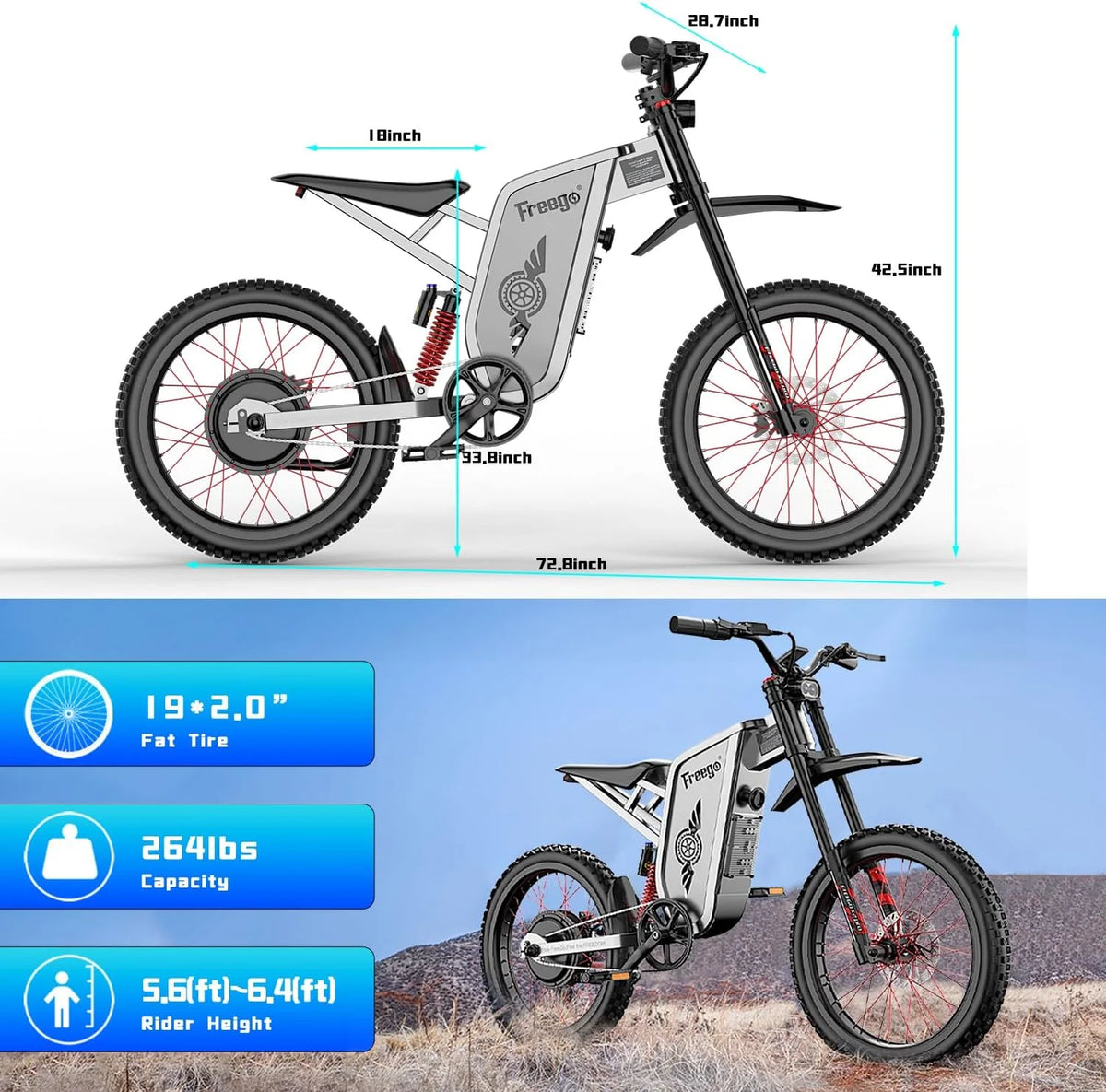 50MPH Freego X2pro Electric Motorcycle for Adults 6000W(Peak) Motor 60V 30ah Battery Electric Bicycle Full - Product image 6