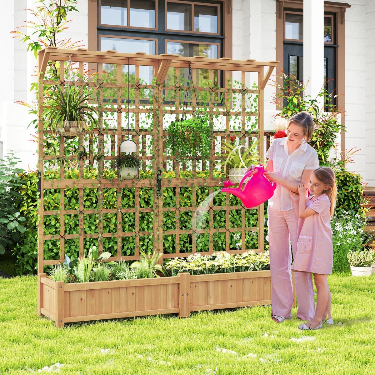 Planter with 2 Trellises 2 Containers Wooden Suspended Roof Raised Garden Bed with 4 Drainage Holes 180 x 48 x 183 cm Orange -
