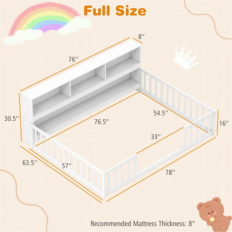 Full Size Montessori Floor Bed with Bookcase, Storage Shelves & Safety Fence Rails - Product image 17