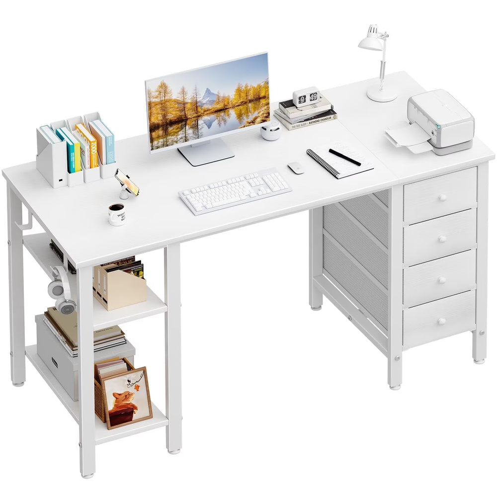 Lufeiya White Desk with Drawers & Storage Shelves, 47 in Study Work Writing Desk for Home Office Bedroom