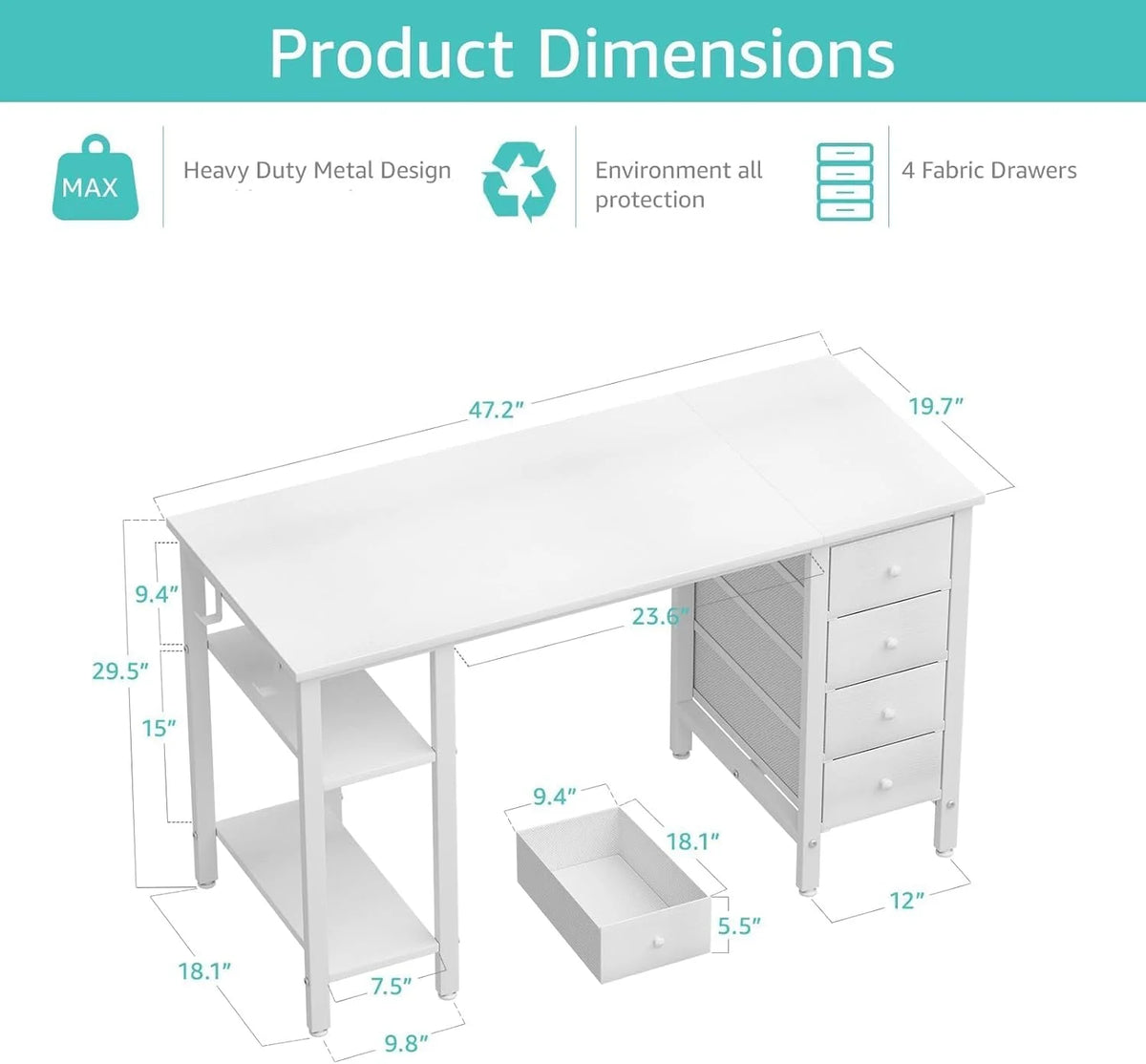 Lufeiya White Desk with Drawers & Storage Shelves, 47 in Study Work Writing Desk for Home Office Bedroom - Product image 4
