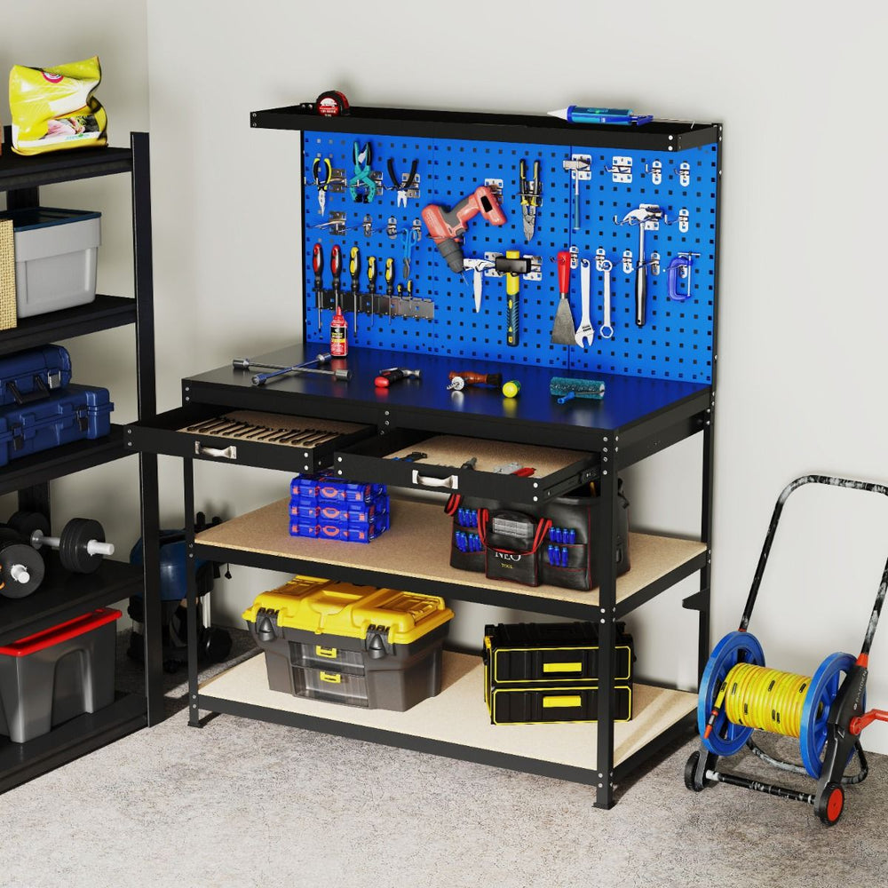 DIY Workbench 121 x 61 cm Metal Work Table 230 kg with 3 Pegboards 24 Hanging Accessories Black/Navy Blue