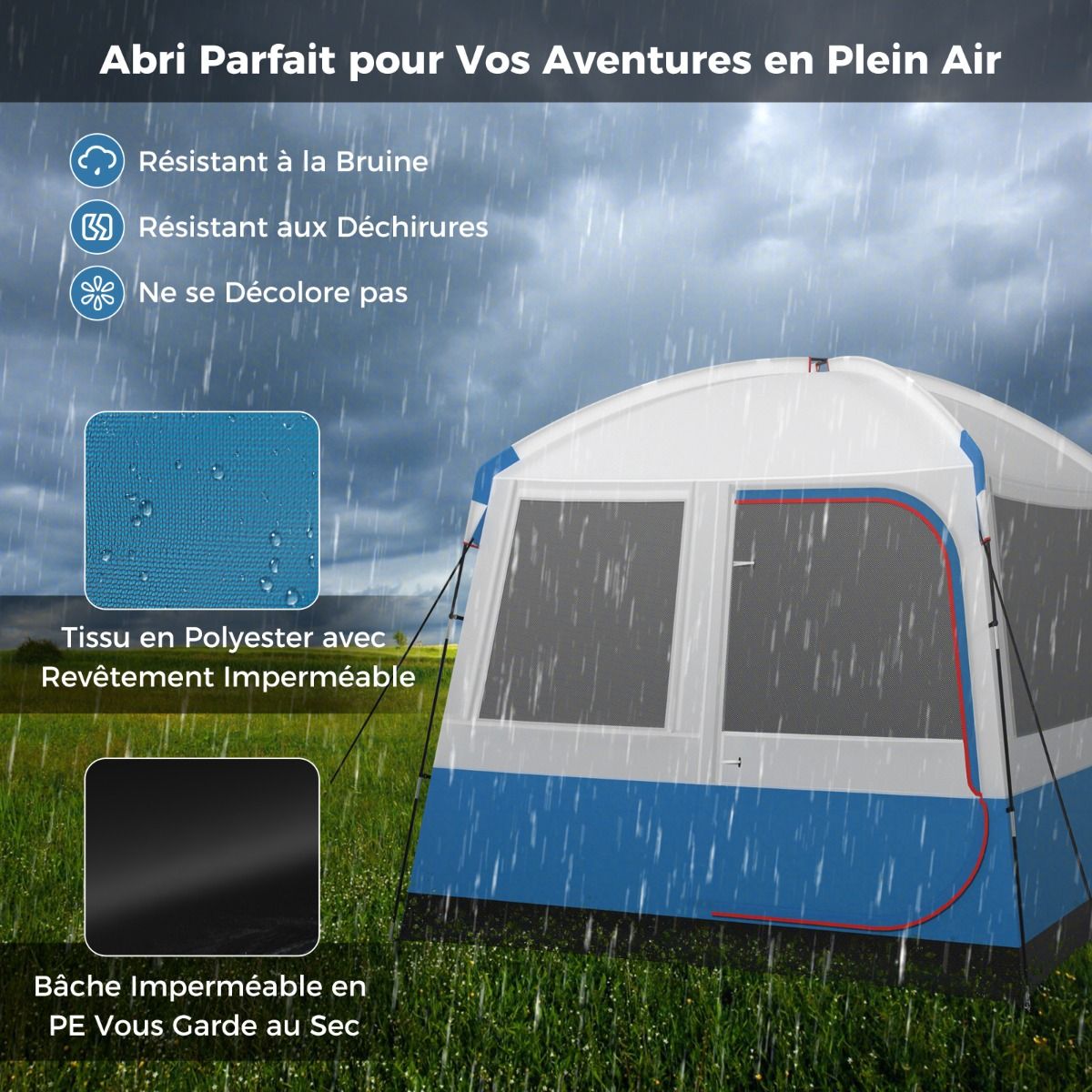 5 Person Camping Tent Waterproof Dome Tent with Mesh Door and Windows Carry Bag 248x248x230cm Blue + White -