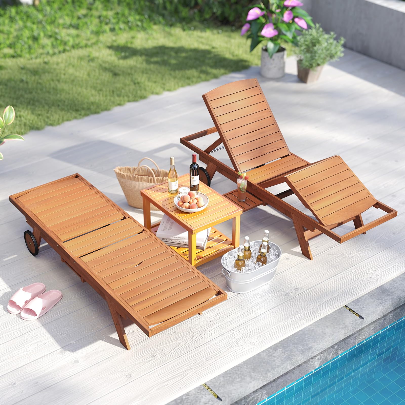 Tangkula Outdoor Chaise Lounge Chair with Wheels 4-Position Patio Wood Recliner with Adjustable Backrest - Product image 4