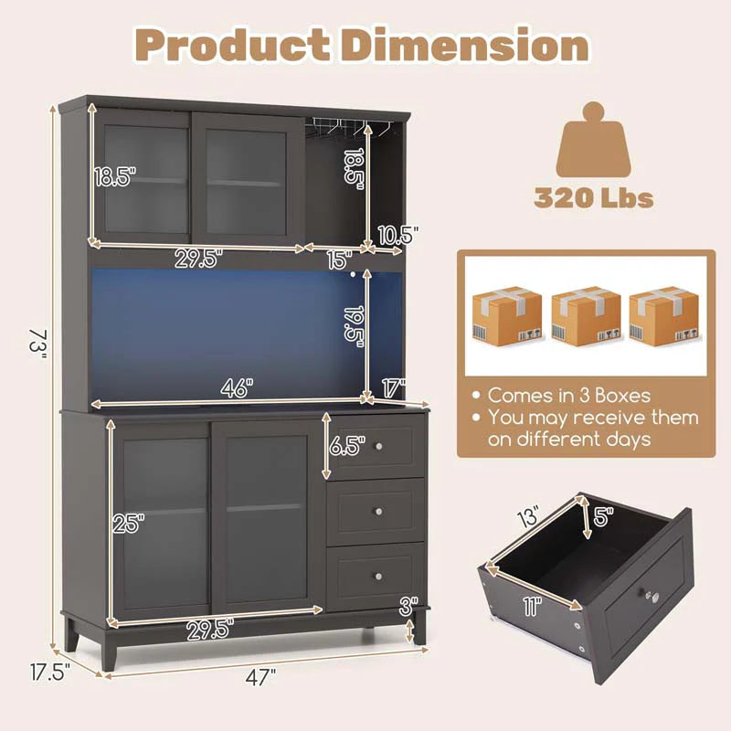 73" Kitchen Pantry Storage Cabinet with LED Lights & Power Outlet, Kitchen Hutch Buffet Cabinet for Dining - Product image 3
