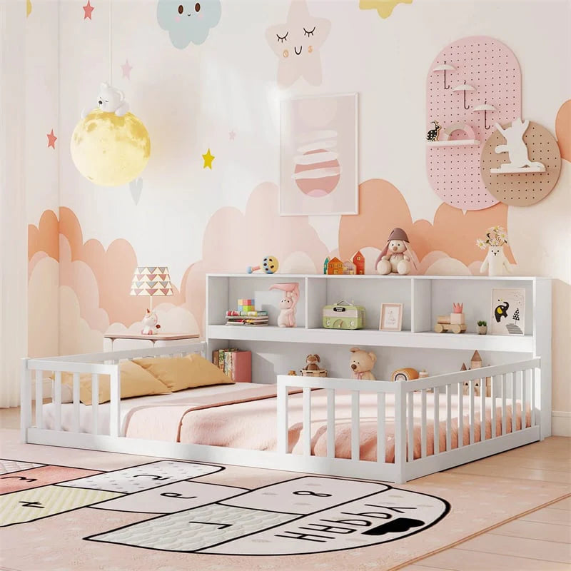 Full Size Montessori Floor Bed with Bookcase, Storage Shelves & Safety Fence Rails - Product image 16