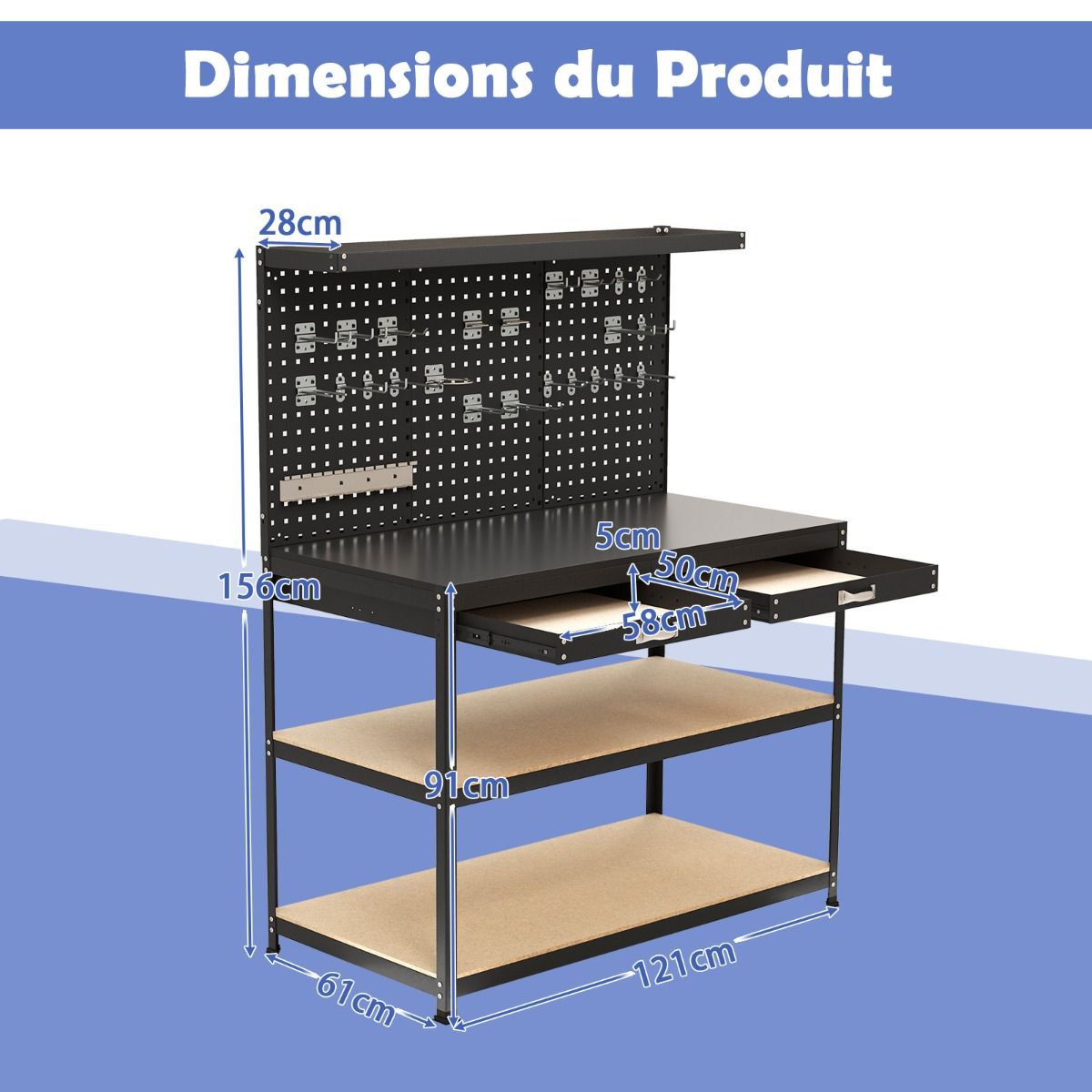 DIY Workbench 121 x 61 cm Metal Work Table 230 kg with 3 Pegboards 24 Hanging Accessories Black/Navy Blue -