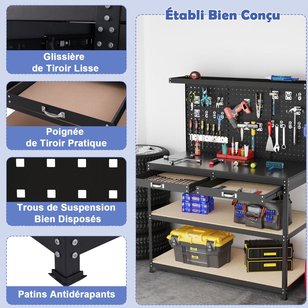DIY Workbench 121 x 61 cm Metal Work Table 230 kg with 3 Pegboards 24 Hanging Accessories Black/Navy Blue -