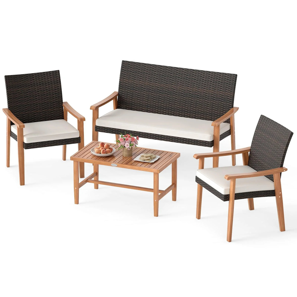 Tangkula PE Rattan Outdoor Cushioned Conversation Chairs with Acacia Wood Coffee Table - Product image 1