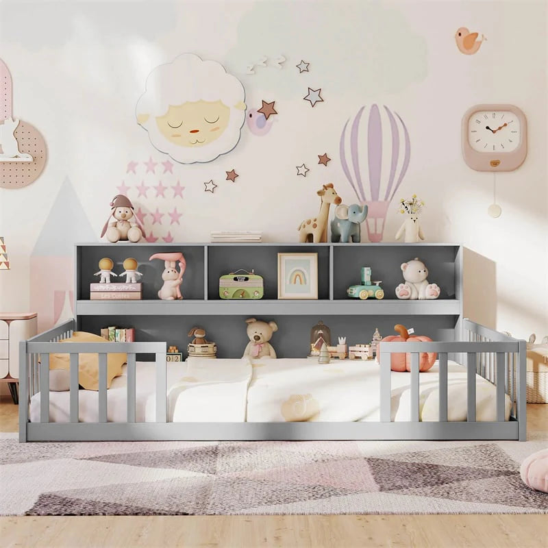 Full Size Montessori Floor Bed with Bookcase, Storage Shelves & Safety Fence Rails - Product image 5