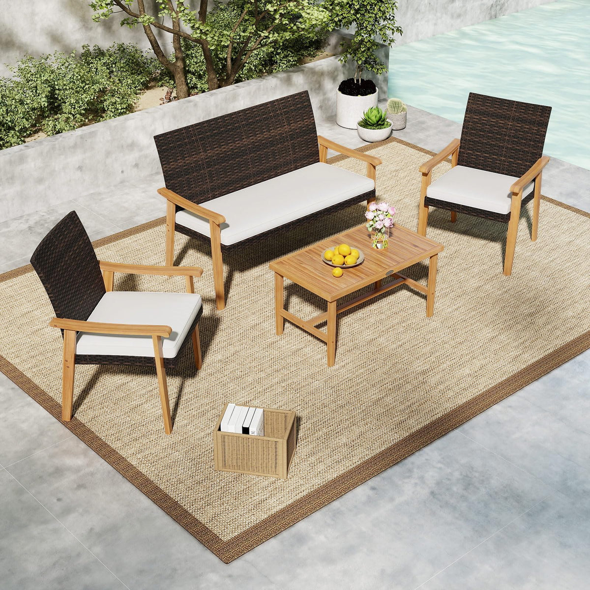 Tangkula PE Rattan Outdoor Cushioned Conversation Chairs with Acacia Wood Coffee Table - Product image 3