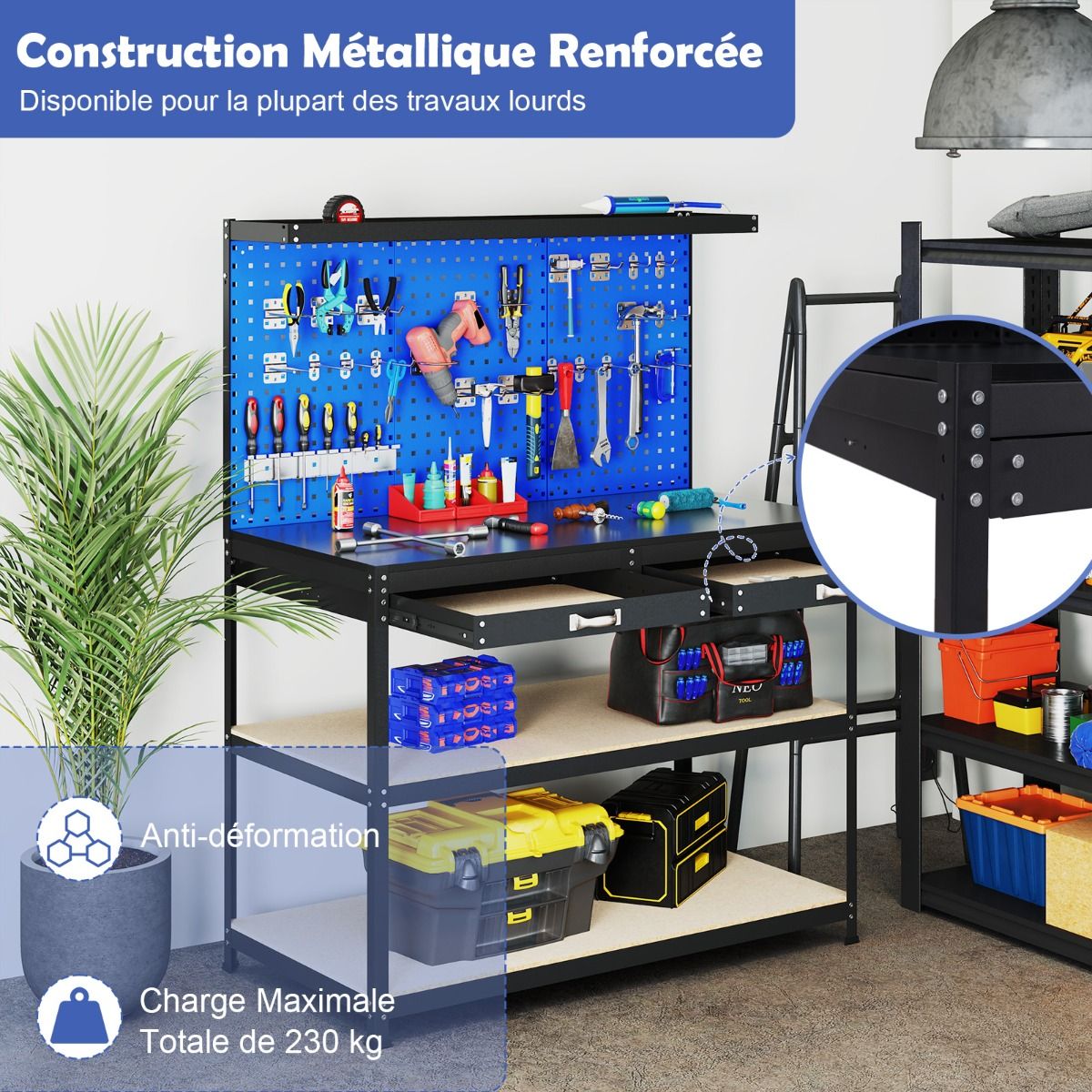 DIY Workbench 121 x 61 cm Metal Work Table 230 kg with 3 Pegboards 24 Hanging Accessories Black/Navy Blue -