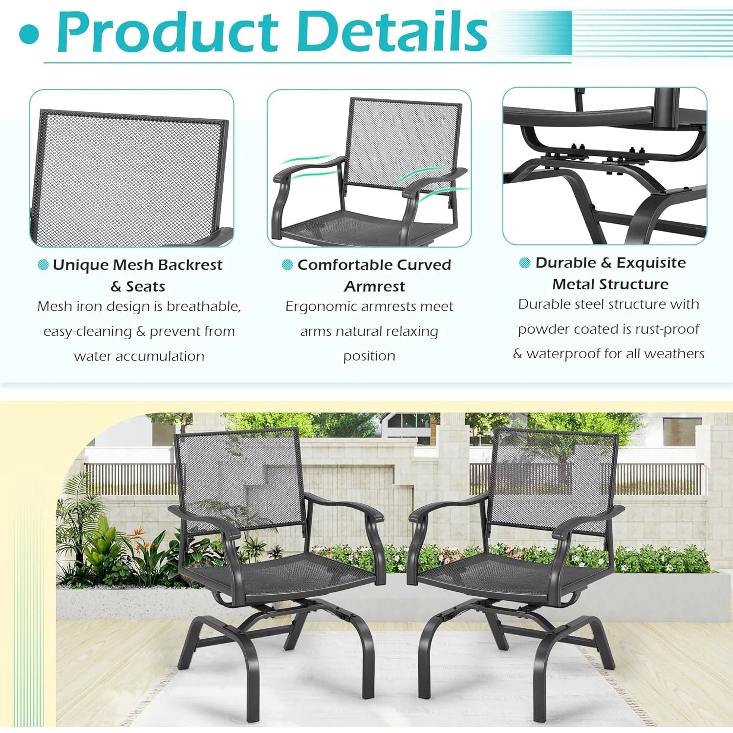 AECOJOY 3 Pieces Patio Dining Set, , Outdoor Furniture with 2 Rocking Patio Chairs and 1 Square Patio Metal - Product image 6