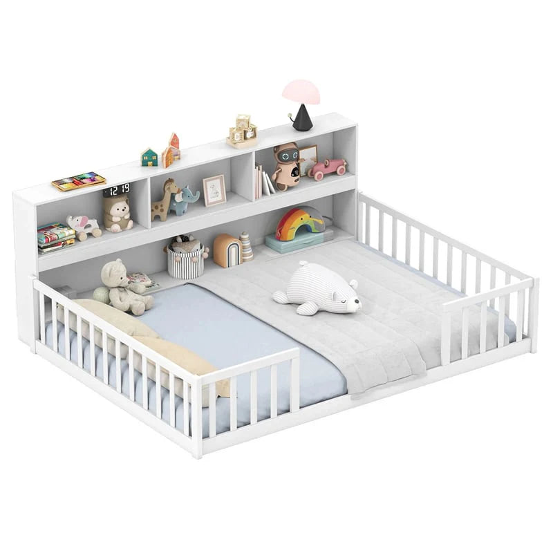 Full Size Montessori Floor Bed with Bookcase, Storage Shelves & Safety Fence Rails - Product image 14