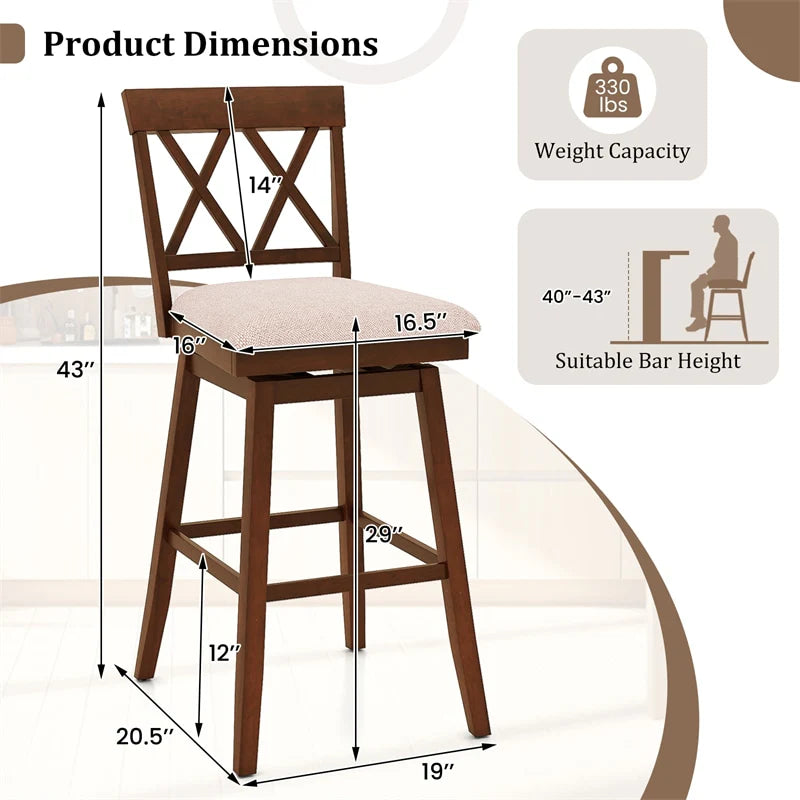 Swivel Bar Stools Set of 2, 29" Bar Height Chairs with Back, Padded Seat & Rubber Wood Frame - Product image 3