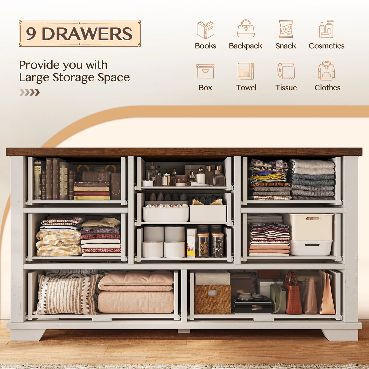 Enhomee Wood Dressers for Bedroom with 9 Drawers White Dresser Chest of Drawers for Living Room - Product image 5
