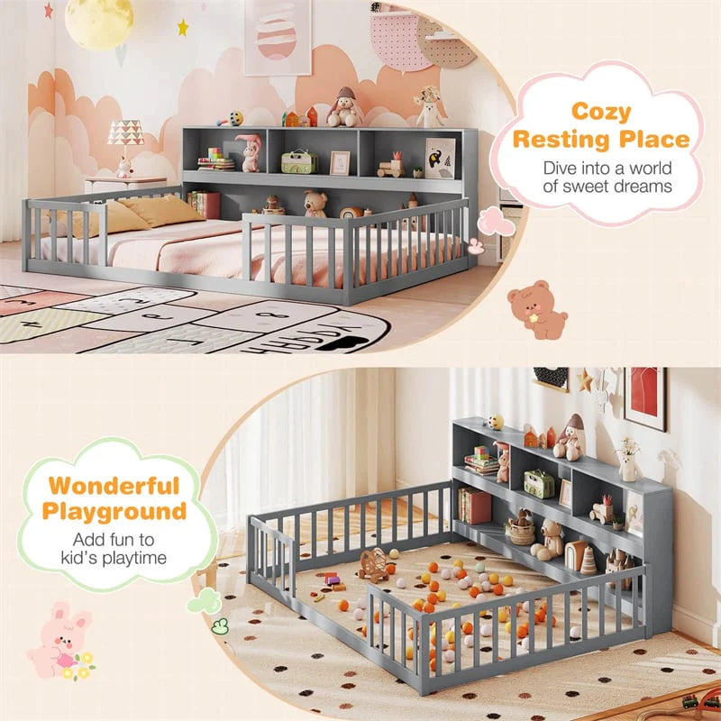 Full Size Montessori Floor Bed with Bookcase, Storage Shelves & Safety Fence Rails - Product image 10