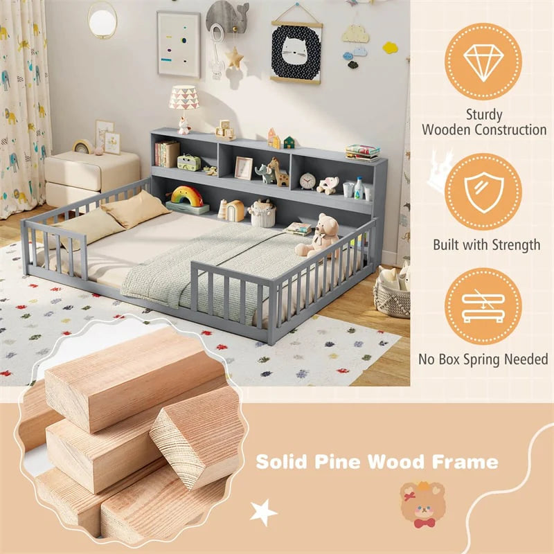 Full Size Montessori Floor Bed with Bookcase, Storage Shelves & Safety Fence Rails - Product image 8