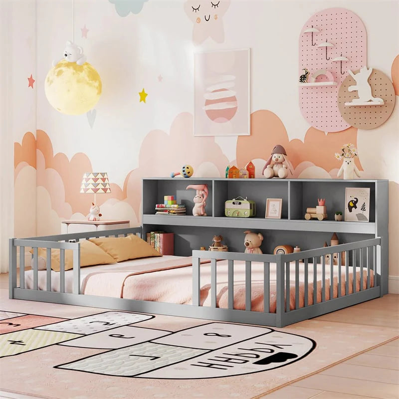 Full Size Montessori Floor Bed with Bookcase, Storage Shelves & Safety Fence Rails - Product image 6