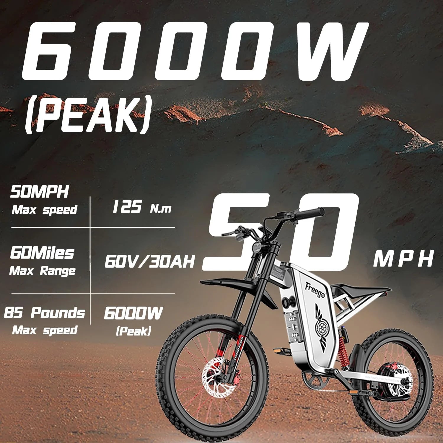 50MPH Freego X2pro Electric Motorcycle for Adults 6000W(Peak) Motor 60V 30ah Battery Electric Bicycle Full - Product image 2