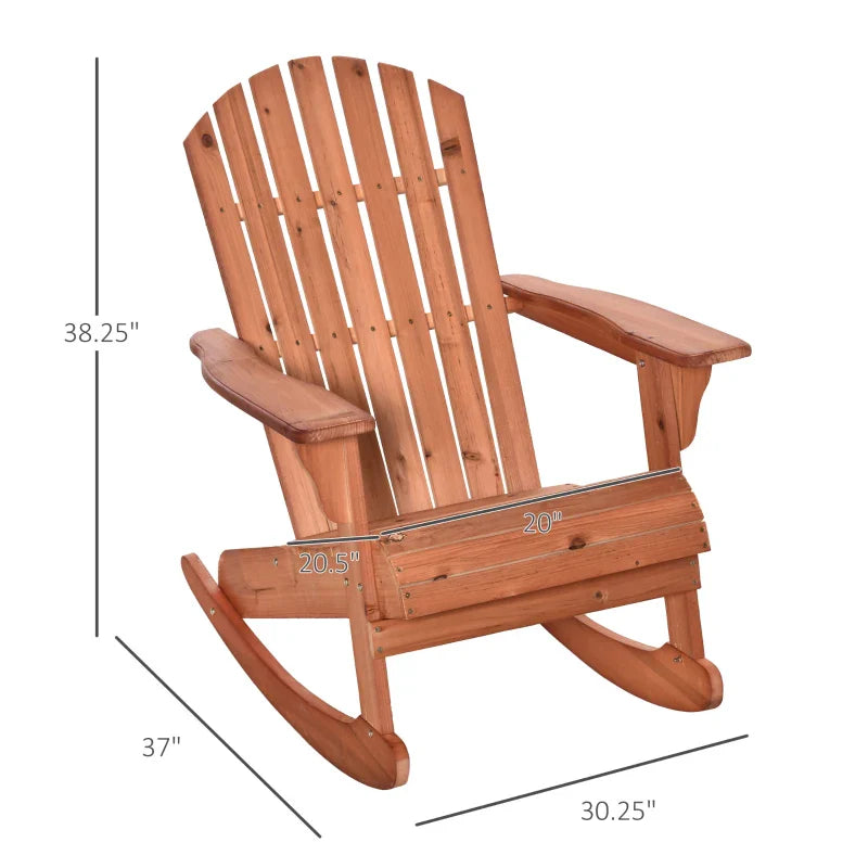 Adirondack Muskoka wooden rocking chair with wooden slat design, fan-shaped back and classic rustic style, teak -
