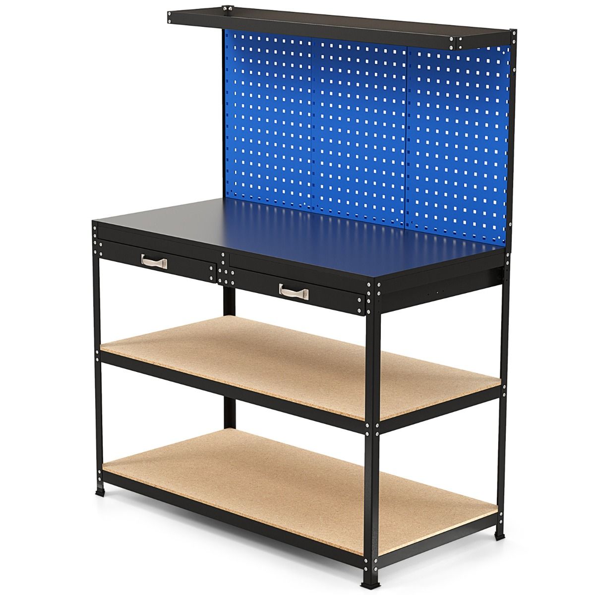 DIY Workbench 121 x 61 cm Metal Work Table 230 kg with 3 Pegboards 24 Hanging Accessories Black/Navy Blue -