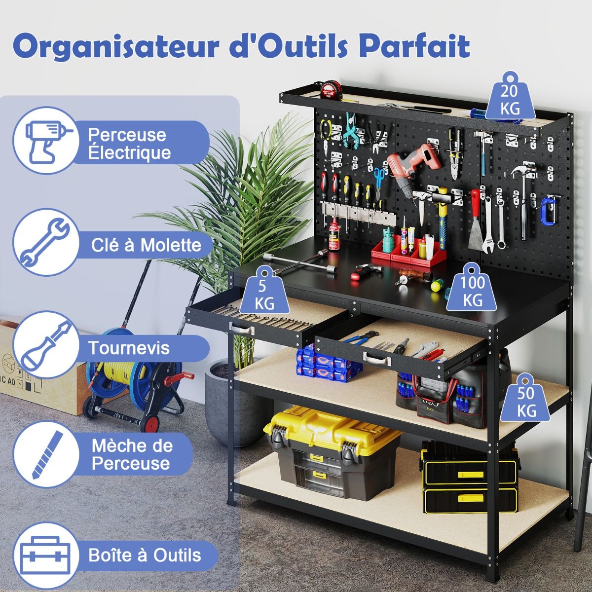 DIY Workbench 121 x 61 cm Metal Work Table 230 kg with 3 Pegboards 24 Hanging Accessories Black/Navy Blue -