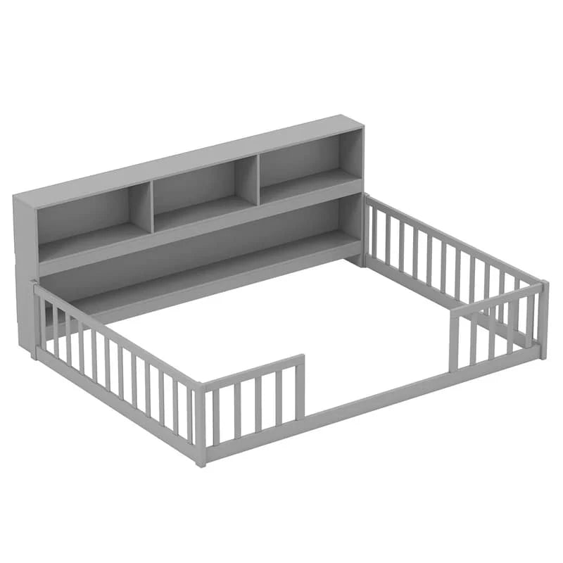 Full Size Montessori Floor Bed with Bookcase, Storage Shelves & Safety Fence Rails - Product image 2