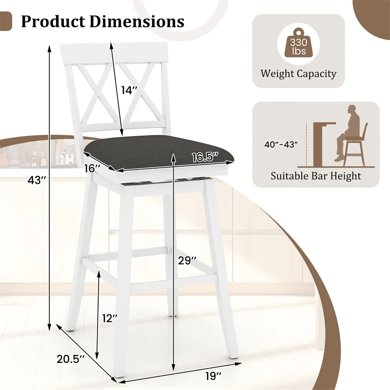 Swivel Bar Stools Set of 2, 29" Bar Height Chairs with Back, Padded Seat & Rubber Wood Frame - Product image 13