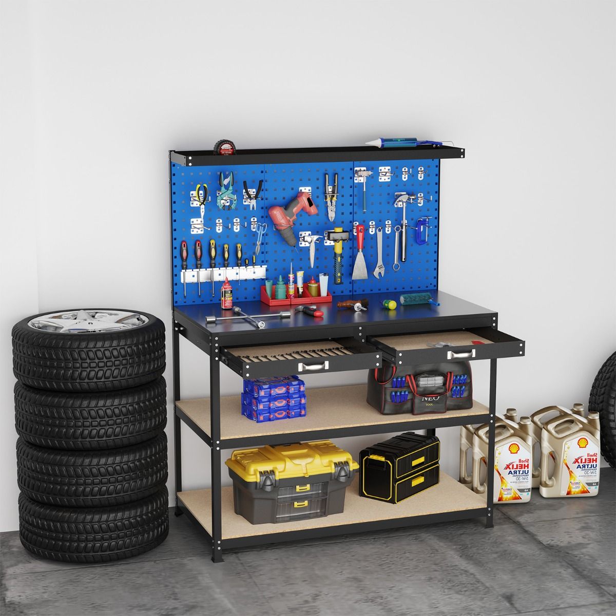 DIY Workbench 121 x 61 cm Metal Work Table 230 kg with 3 Pegboards 24 Hanging Accessories Black/Navy Blue -