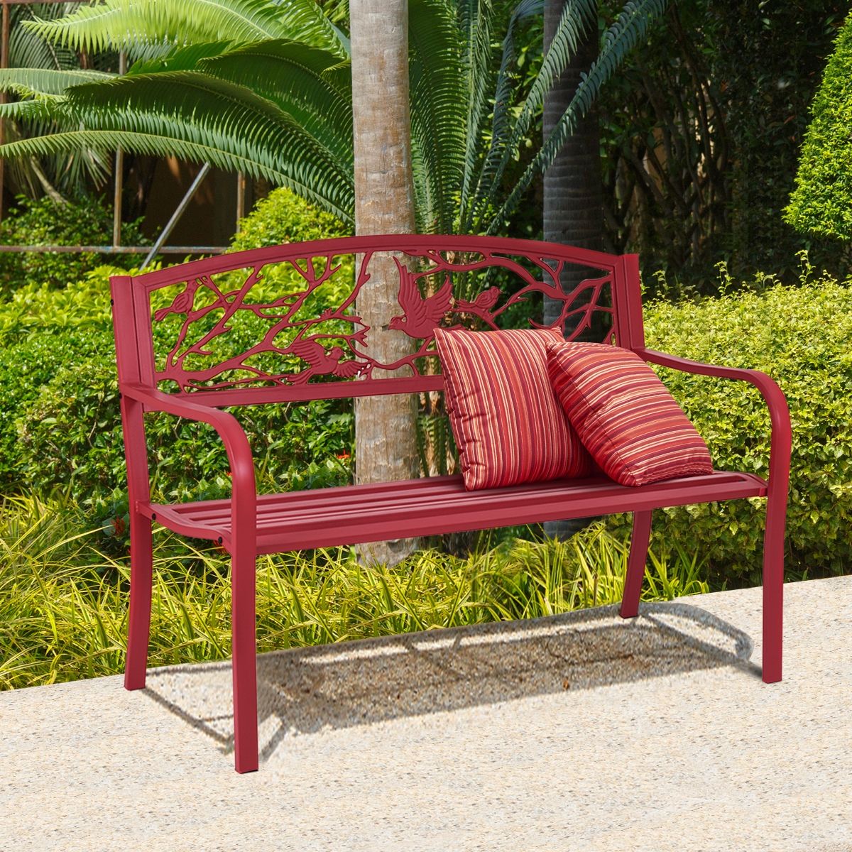 High Quality Resistant Iron Garden Bench Contemporary Style 2-3 Seater Perfect for Outdoor 127x60x88cm Red -