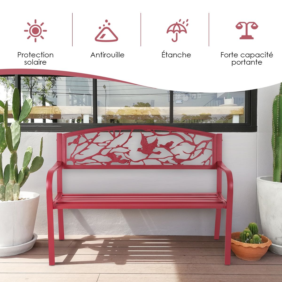 High Quality Resistant Iron Garden Bench Contemporary Style 2-3 Seater Perfect for Outdoor 127x60x88cm Red -