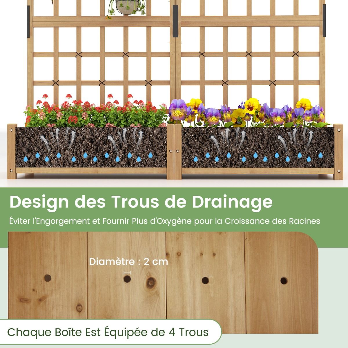 Planter with 2 Trellises 2 Containers Wooden Suspended Roof Raised Garden Bed with 4 Drainage Holes 180 x 48 x 183 cm Orange -