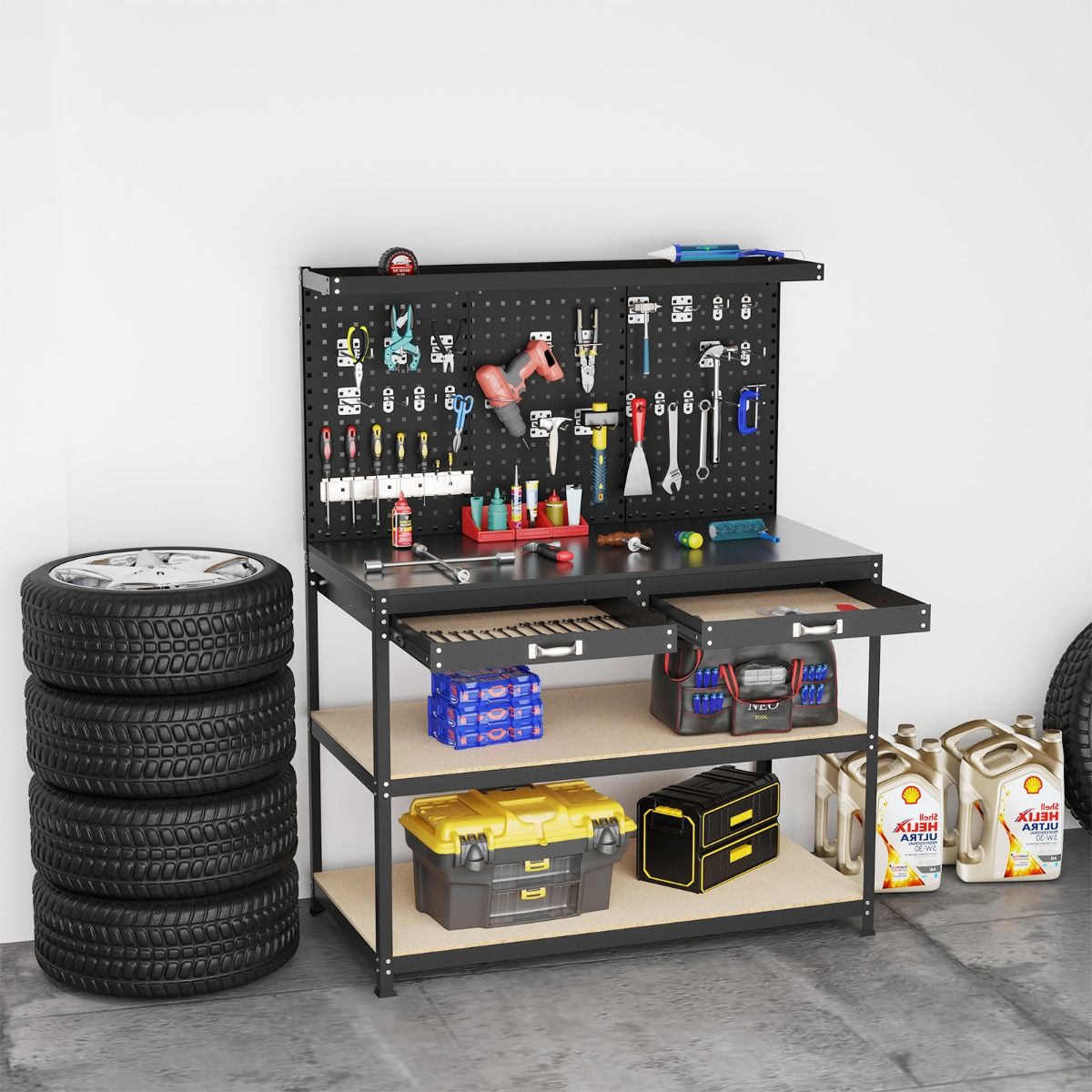 DIY Workbench 121 x 61 cm Metal Work Table 230 kg with 3 Pegboards 24 Hanging Accessories Black/Navy Blue -