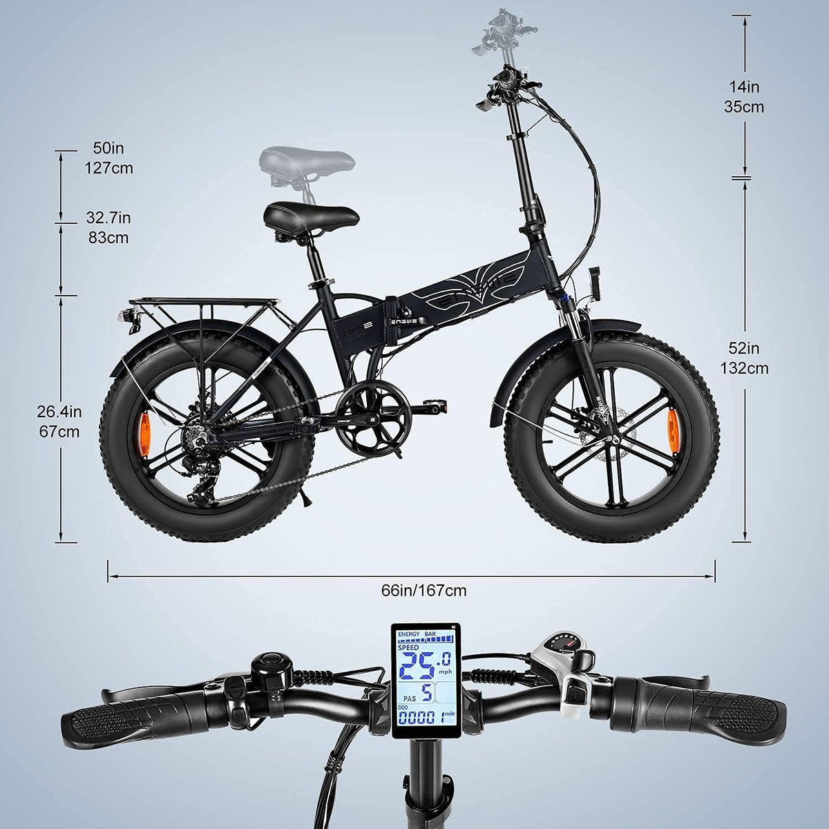 EP-2 Pro Foldable Electric Bike 20 × 4.0 Electric Fat Bike 7 Speeds with Removable 48V 13Ah Battery Range 120km Off-Road & MTB & Beach & Snow -