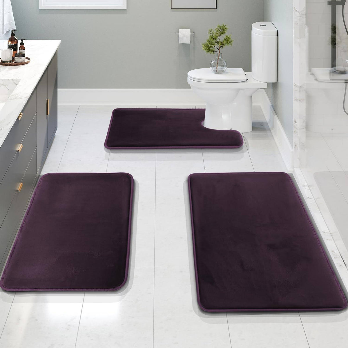 Clara Clark Non Slip Memory Foam Tub-Shower Bath Rug Set, Dark Purple, Pack of 3 - Product image 1