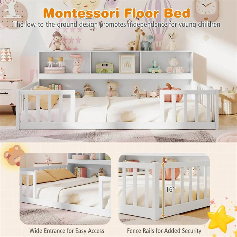 Full Size Montessori Floor Bed with Bookcase, Storage Shelves & Safety Fence Rails - Product image 21