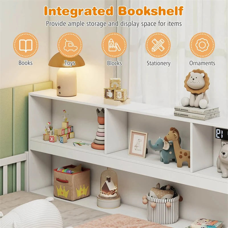 Full Size Montessori Floor Bed with Bookcase, Storage Shelves & Safety Fence Rails - Product image 19