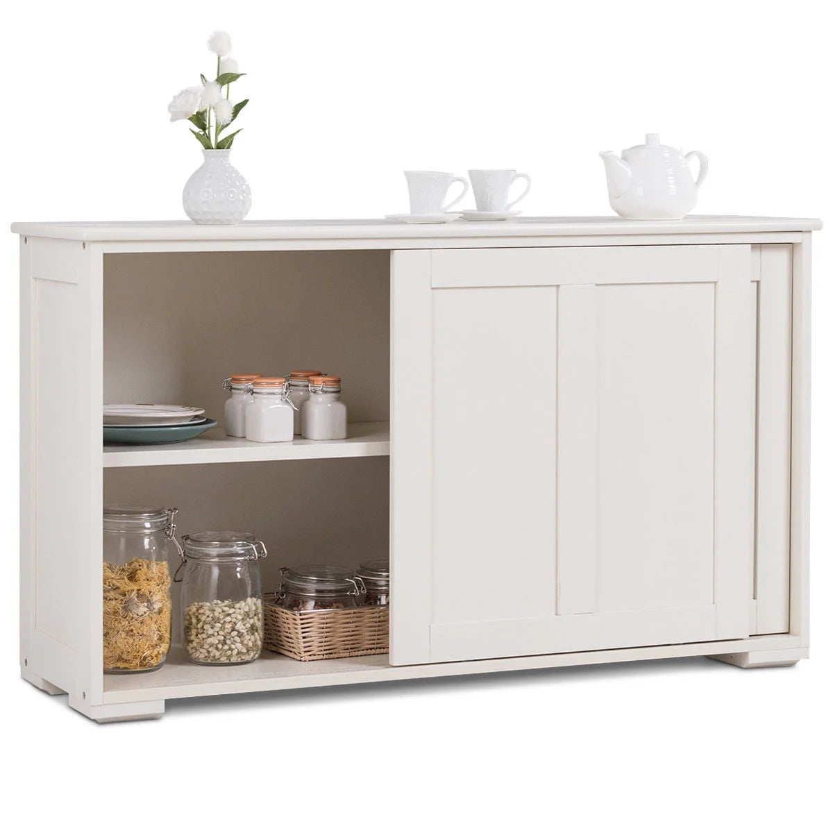 Costway Kitchen Storage Cabinet Sideboard Buffet Cupboard Wood Sliding Door Pantry Cream White - Product image 1