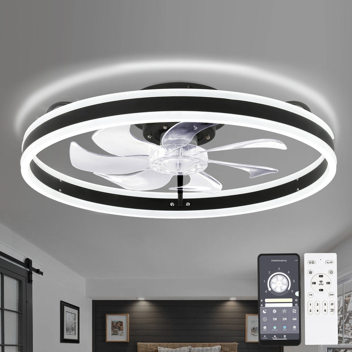 Oaks Aura DC2002 20in. LED Indoor Black Bladeless Low Profile Ceiling Fan Flush Mount Smart App Remote - Product image 1