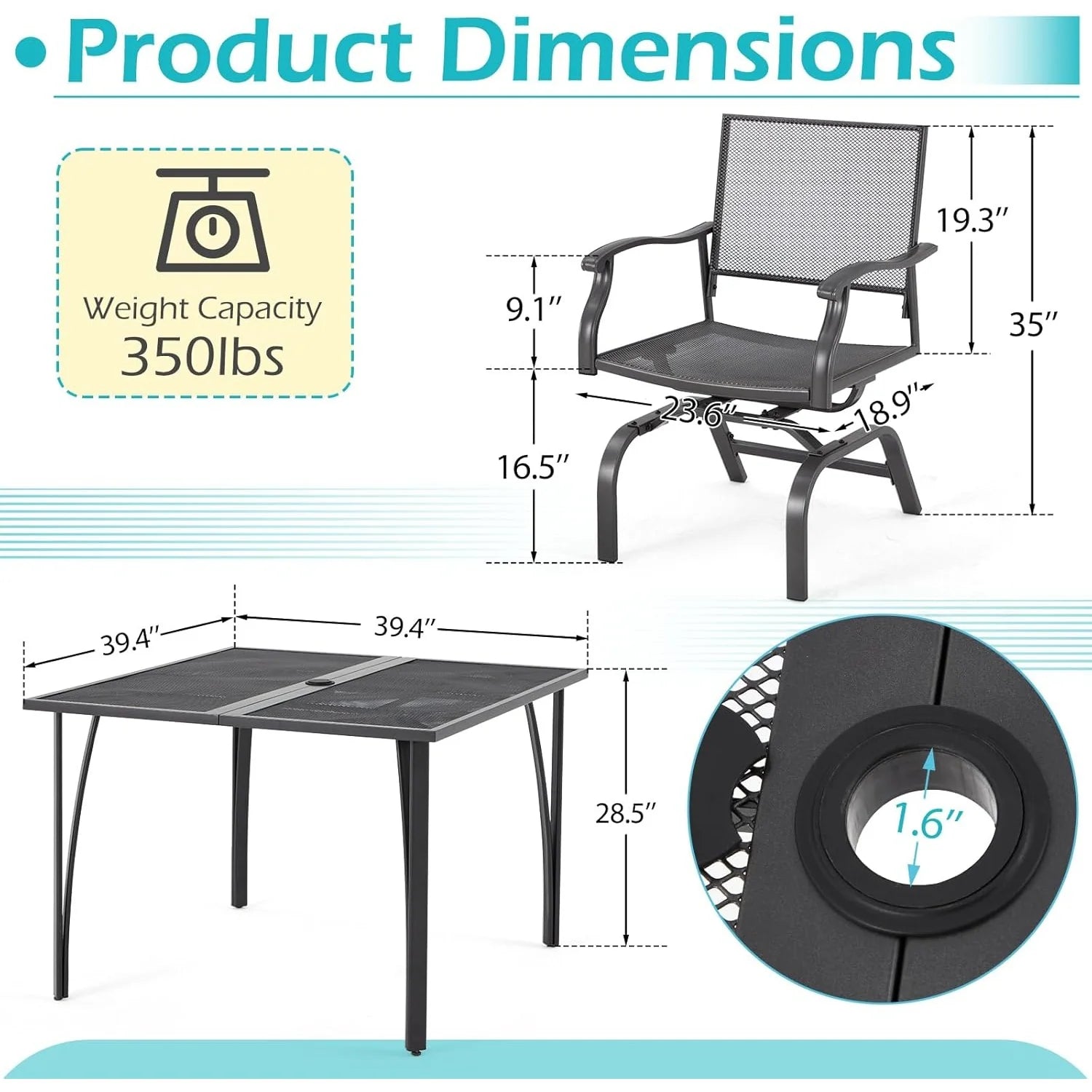 AECOJOY 3 Pieces Patio Dining Set, , Outdoor Furniture with 2 Rocking Patio Chairs and 1 Square Patio Metal - Product image 3