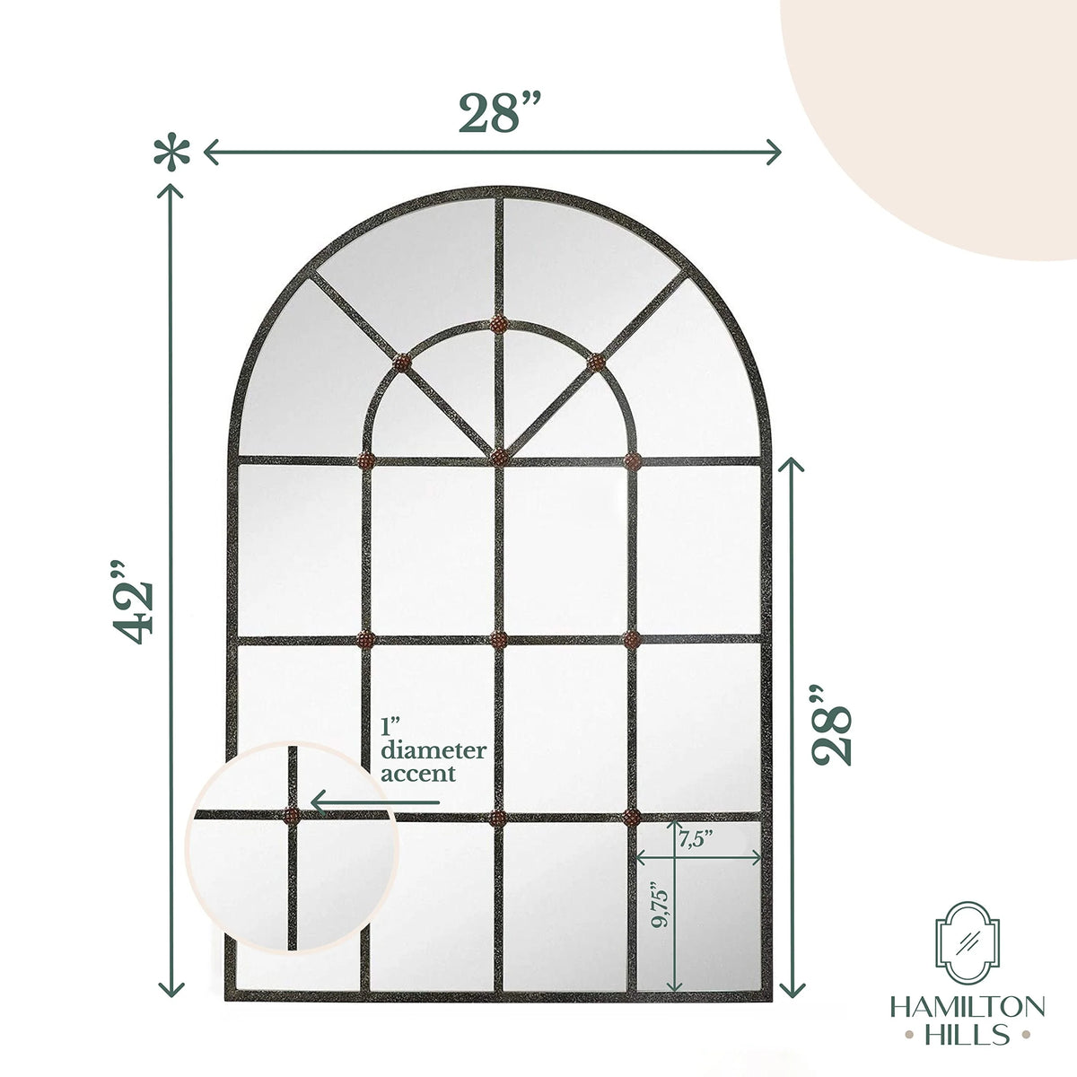 Hamilton Hills Metal Arched Window Mirror Large Wall Mirrors Decorative Piece and Arch Decor 28" x 42" - Product image 3