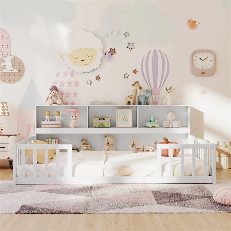 Full Size Montessori Floor Bed with Bookcase, Storage Shelves & Safety Fence Rails - Product image 15