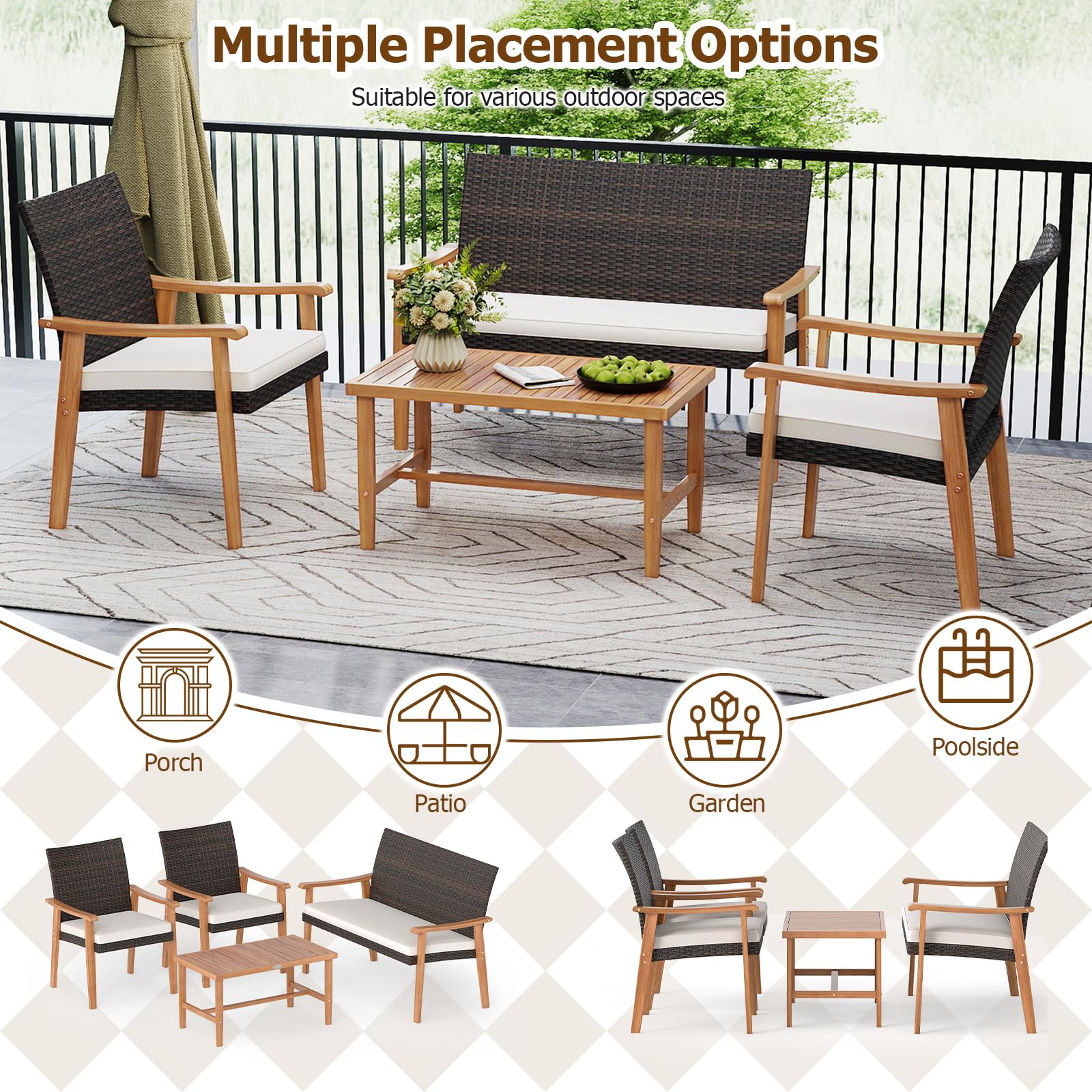 Tangkula PE Rattan Outdoor Cushioned Conversation Chairs with Acacia Wood Coffee Table - Product image 8