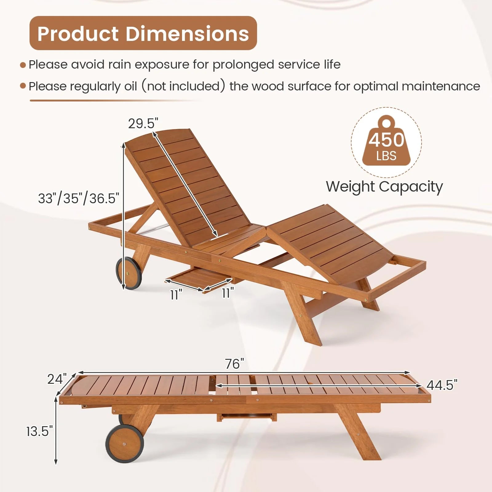 Tangkula Outdoor Chaise Lounge Chair with Wheels 4-Position Patio Wood Recliner with Adjustable Backrest - Product image 3