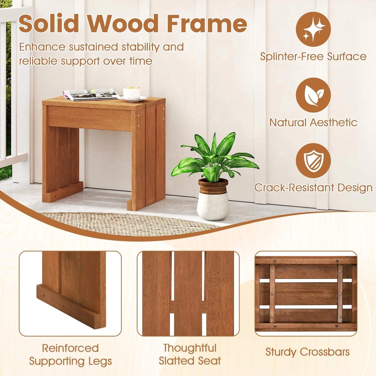 Tangkula Small Wood Outdoor Bench - Patio Backless Bench with Solid Wooden Frame - Product image 6
